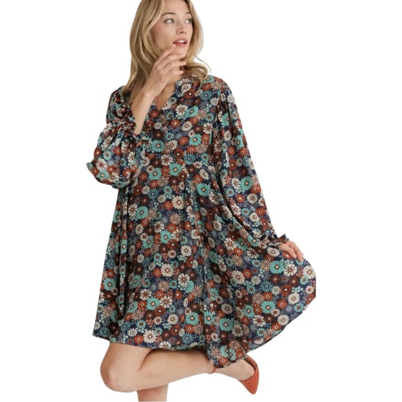 Umgee Ruffled Hem Printed Balloon Sleeve Dress